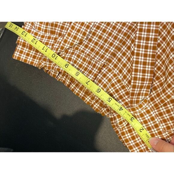 LOTTIE MOSS • Burnt Orange Brown/White Plaid High Waist Belted Paper Bag Shorts - Picture 10 of 11